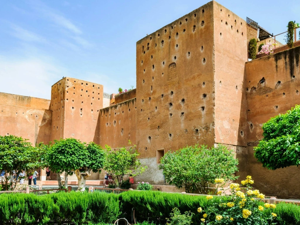 Saadian Tombs exterior walls and garden in Marrakech